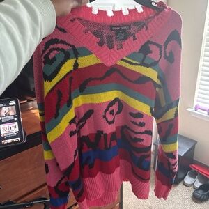 Women's Pink Multi-Color V-Neck Sweater